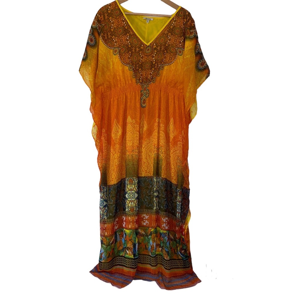 Boho Orange Maxi Dress with Ethnic Print